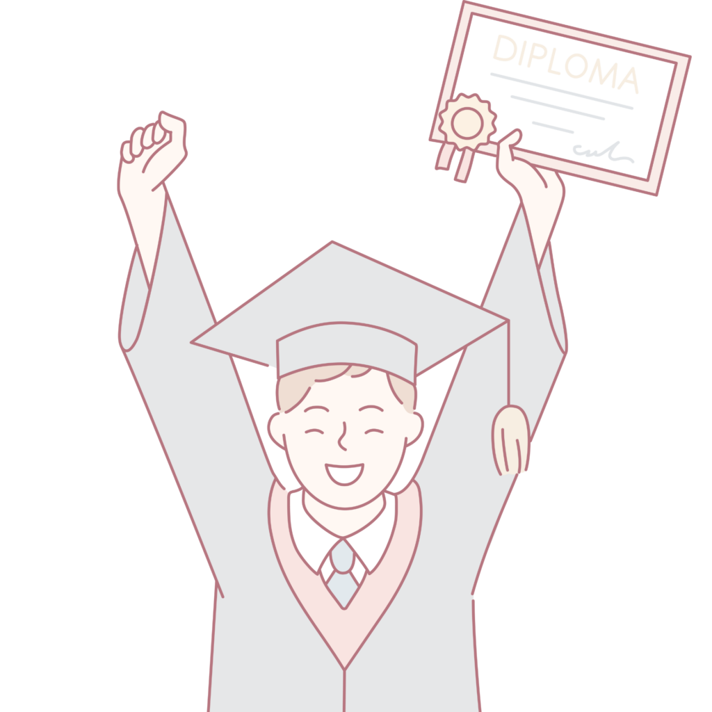 アカデミックガウンと角帽を身に着け、修了証書を高々と掲げてガッツポーズをする笑顔の男性のイラスト。就労移行支援プログラムの修了や、就職決定による「卒業」と新たなスタートを祝う様子を描いた、シンプルで前向きな印象のフラットデザイン。