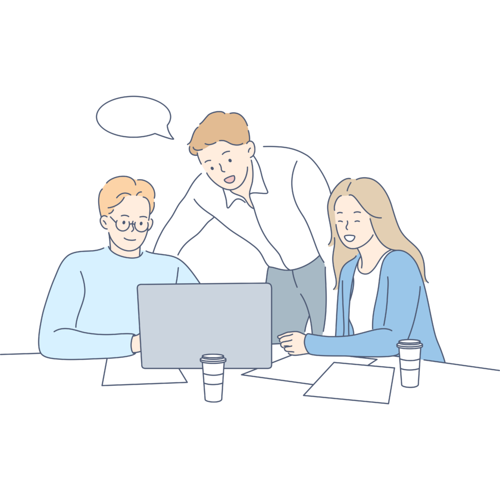 ノートパソコンの画面を囲み、3人の男女が笑顔で話し合っている様子のイラスト。中央に立つ男性が画面を指してアドバイスをしており、座っている眼鏡の男性とロングヘアの女性がそれを見ている。和やかな雰囲気でのPC訓練や、チームでの共同作業を描いたシンプルで親しみやすいフラットデザイン。